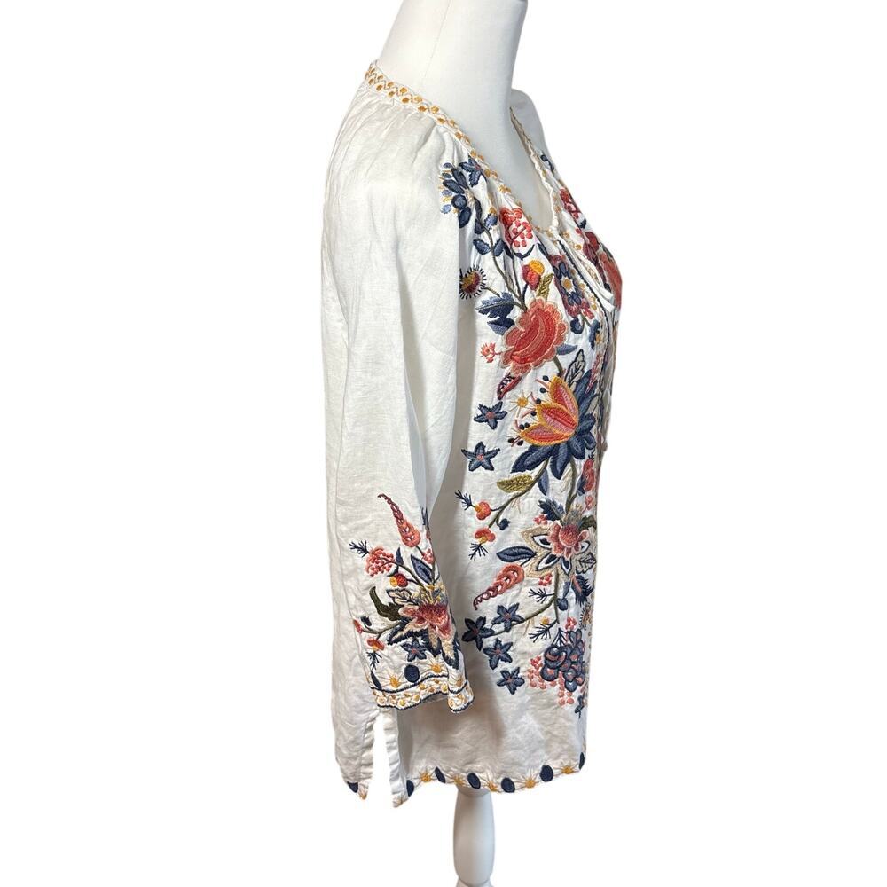 Johnny Was Linen Tiwa Blouse Tunic Top Small Boho Floral Peasant White - Picture 10 of 15